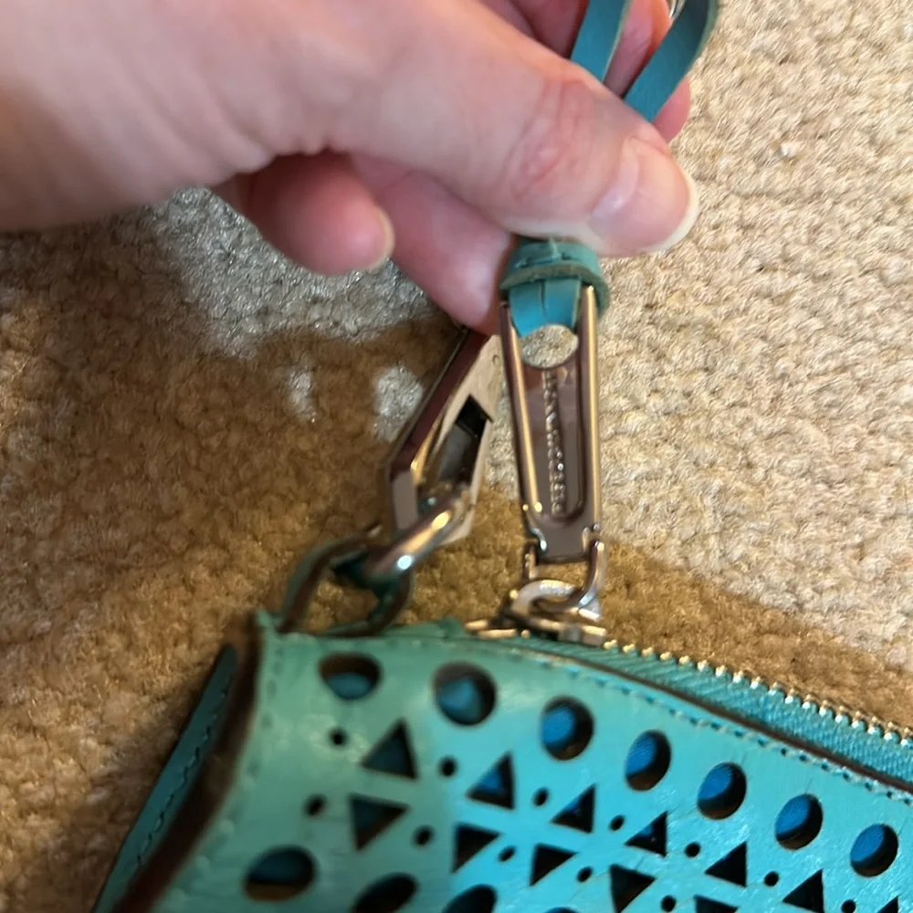 Aqua laser-cut leather Rebecca Minkoff M.A.C. crossbody bag w/ silver hardware - Picture 5 of 12